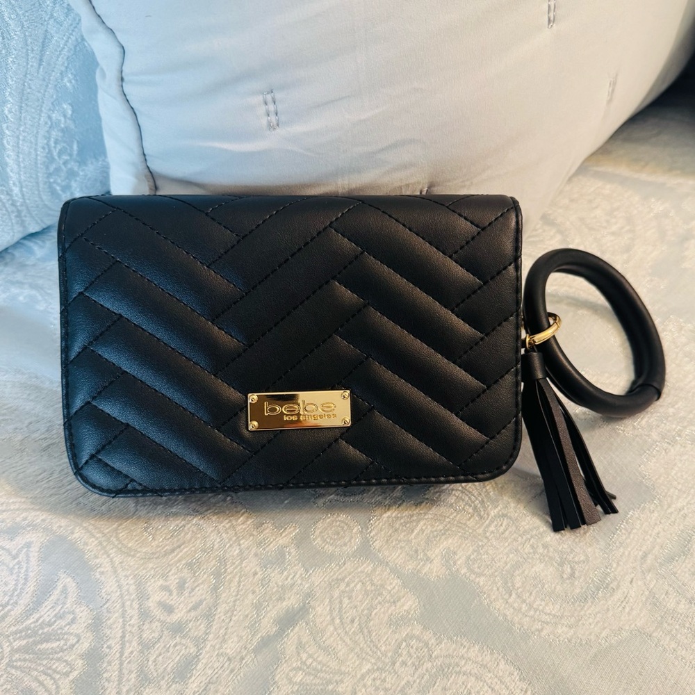 Bebe Black Quilted Wristlet with Gold Accent - Picture 3 of 13